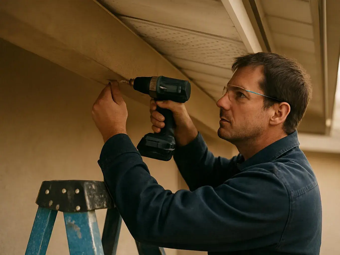A man on a ladder drills into a roof beam under a house eave
