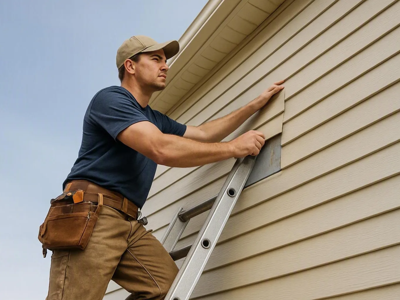 A man on a ladder installs a siding panel on the side of a house under a clear sky
