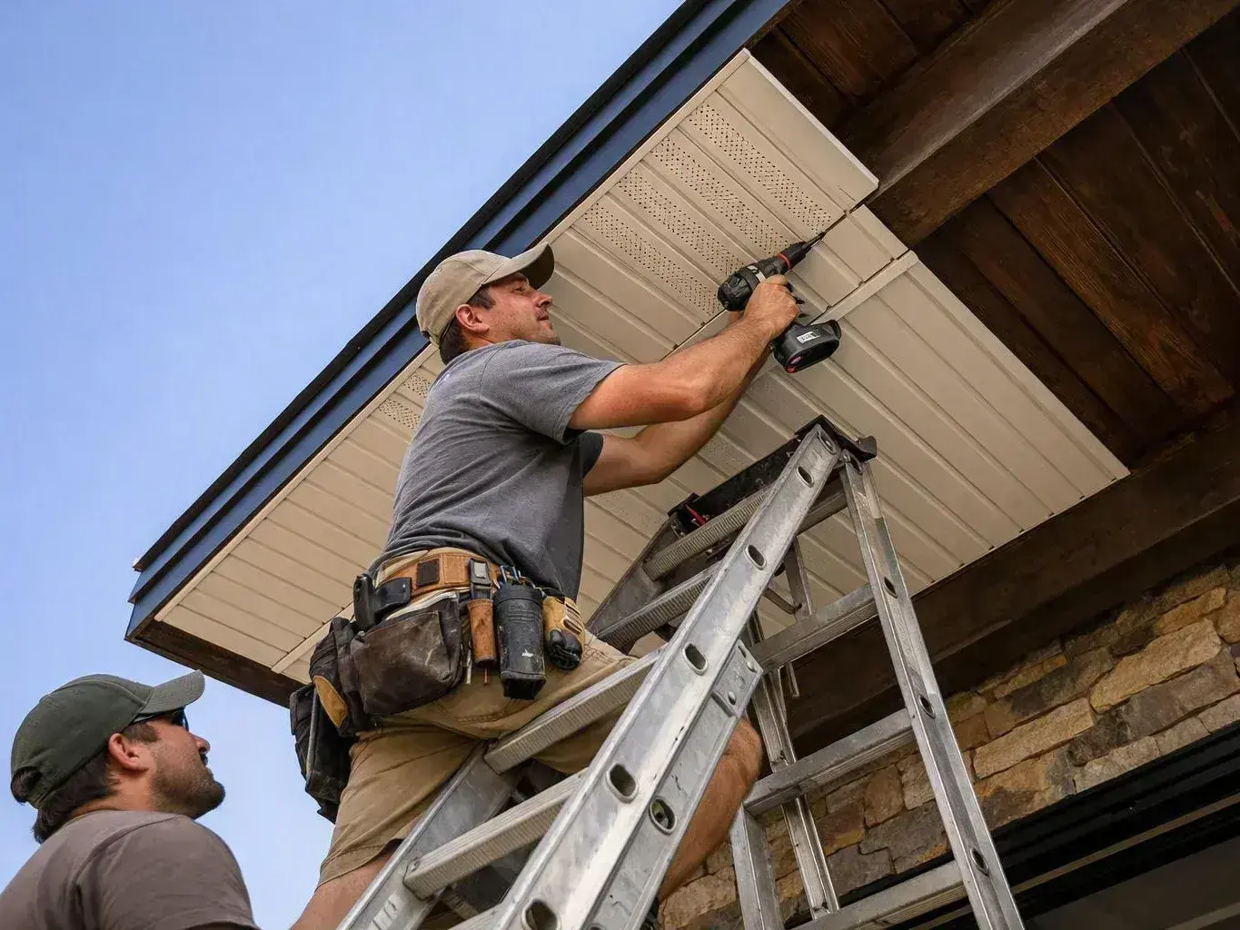 A man on a ladder uses a drill to fasten soffit panels under a roof while another man watches below