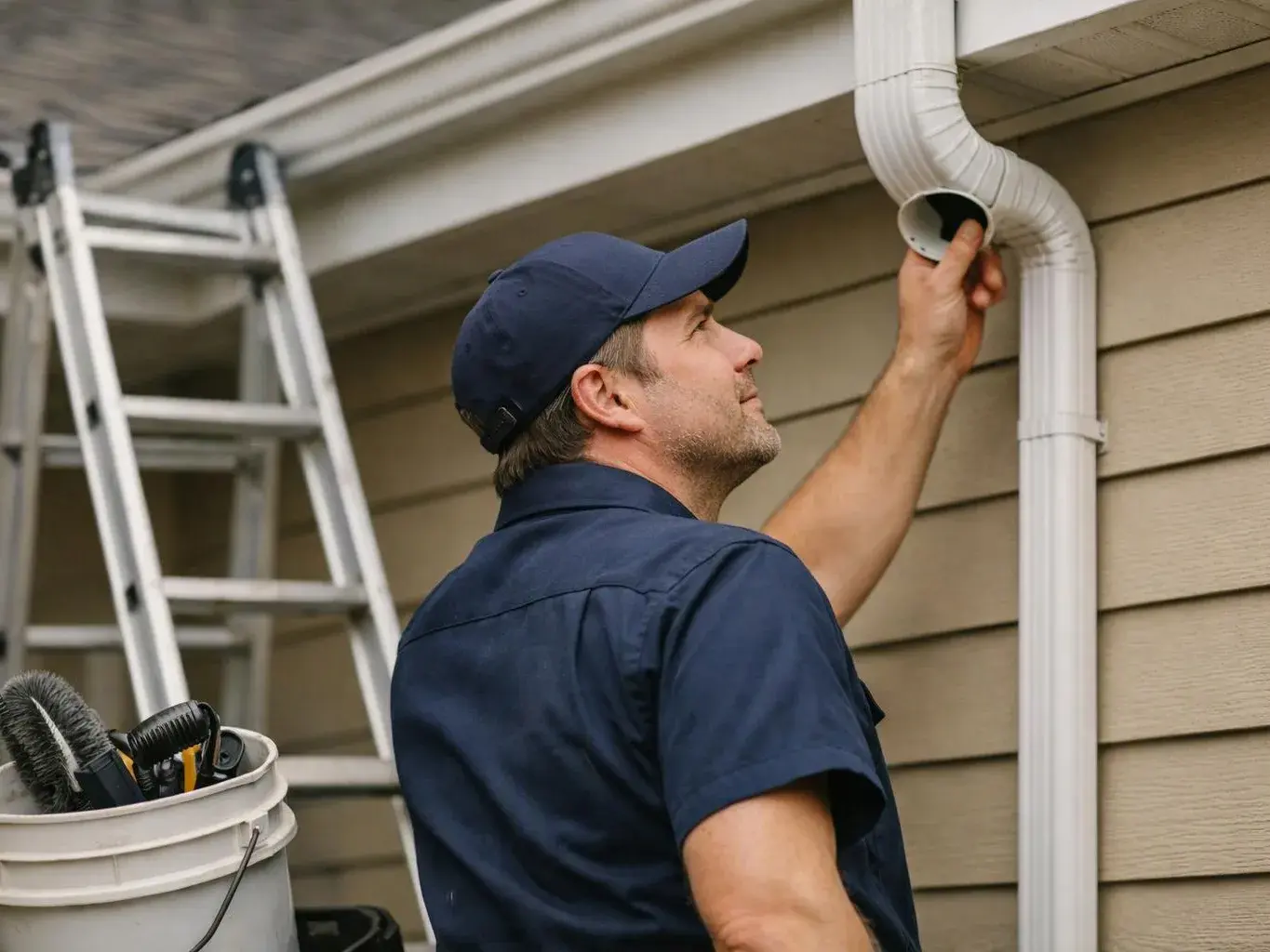 A man in a navy cap inspects a rain gutter beside a house, with a ladder and cleaning tools nearby