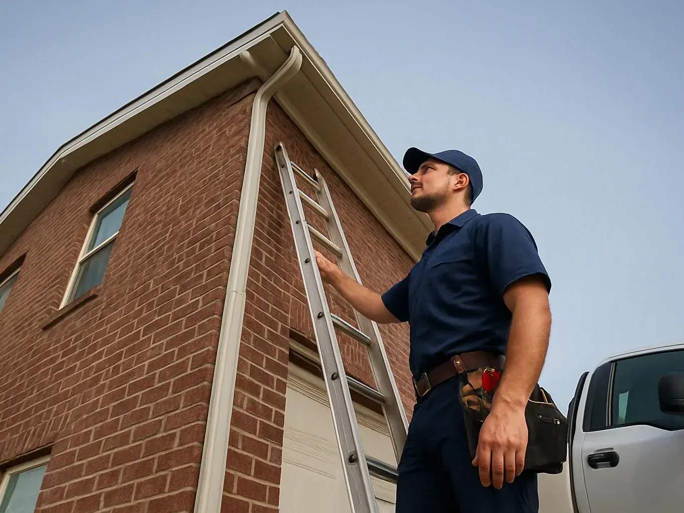 A man in a navy uniform stands on a ladder beside a brick house, checking the roofline