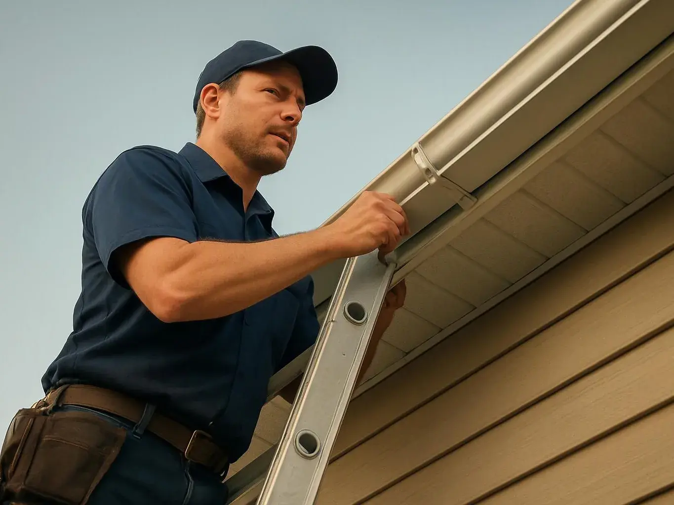 A man in a navy uniform stands on a ladder and inspects the roof gutter beside a house