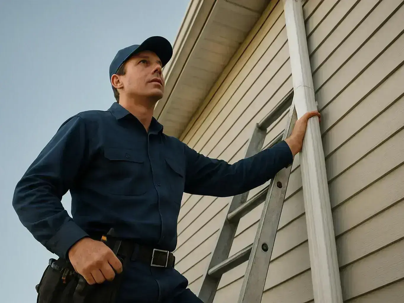 A man in a navy work uniform stands beside a ladder, holding a white downspout against a house wall