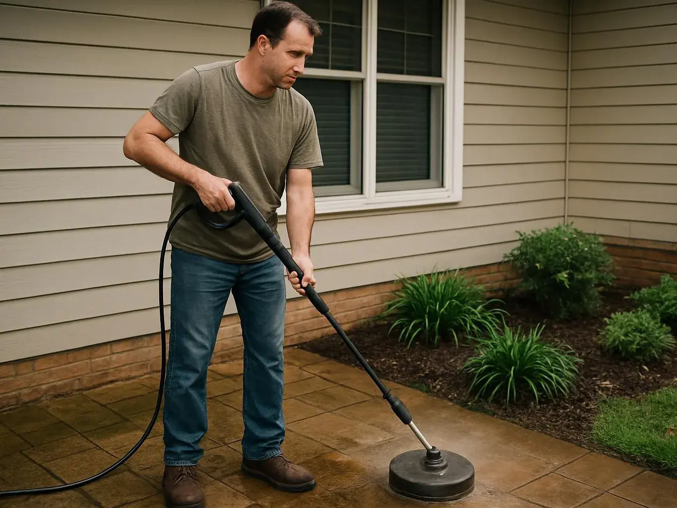 A man pressure washes a wet patio beside a house and garden beds