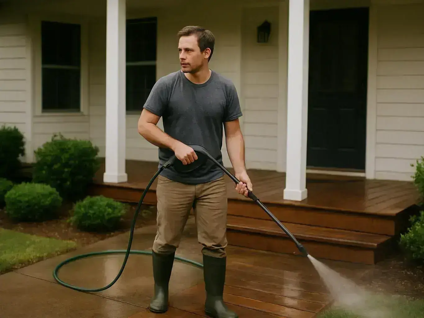 A man in rubber boots sprays water from a hose onto a wet wooden porch and driveway
