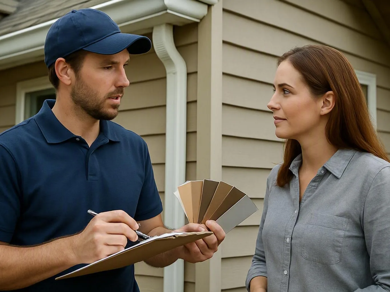 A man in a blue cap holds paint swatches and writes on a clipboard while speaking with a woman beside a house