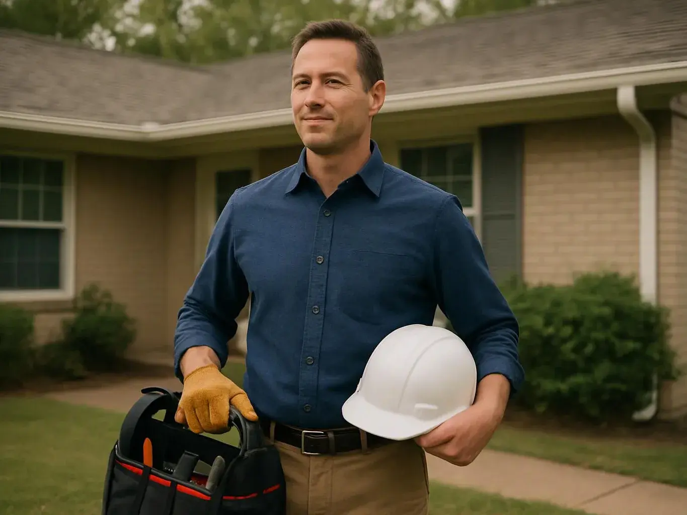 A man stands outside a house holding a white hard hat and a tool bag, wearing work gloves
