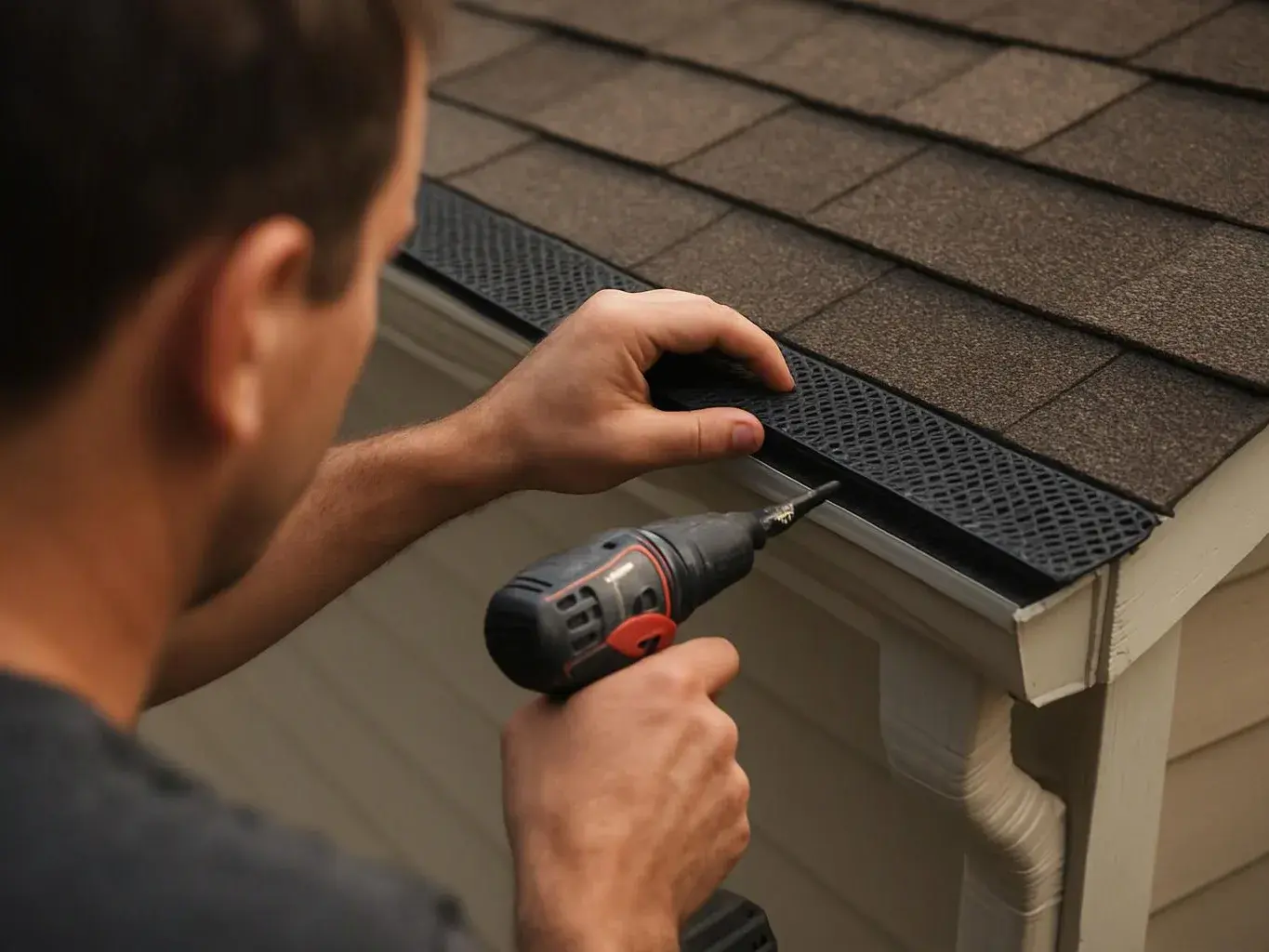 A man uses a drill to fasten roof trim along the edge of a shingled roof