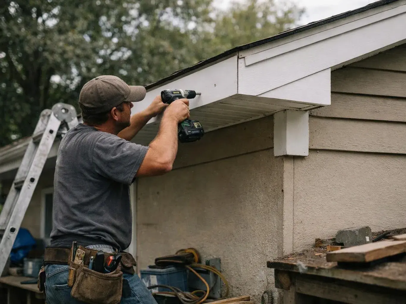 A man uses a drill to fasten trim under a house roof beside a ladder outdoors