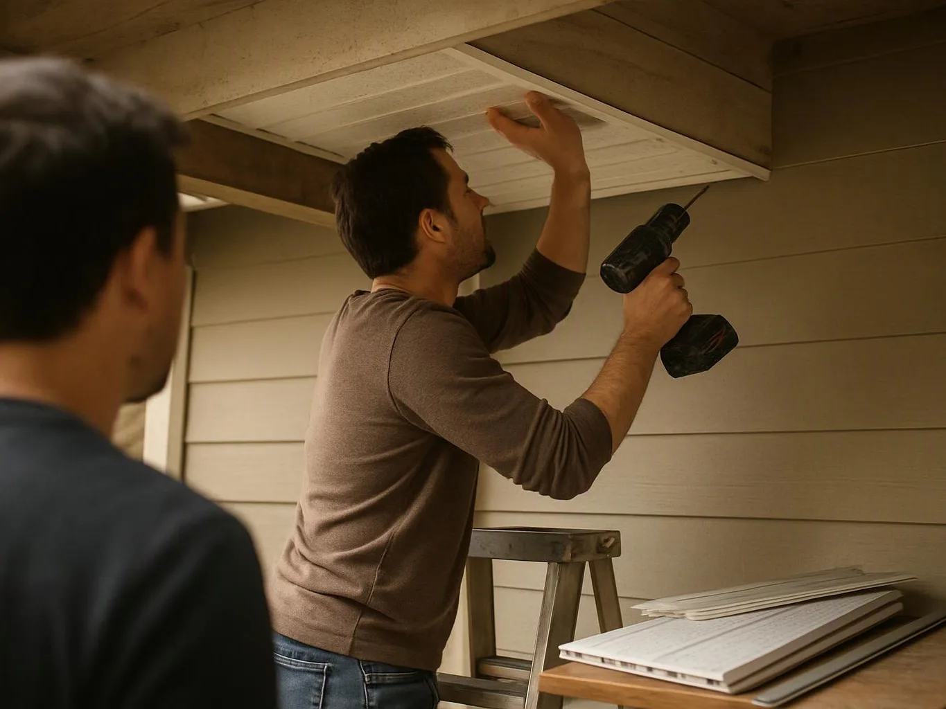 A man drills into an overhead vent panel while another man watches, outside a house entrance