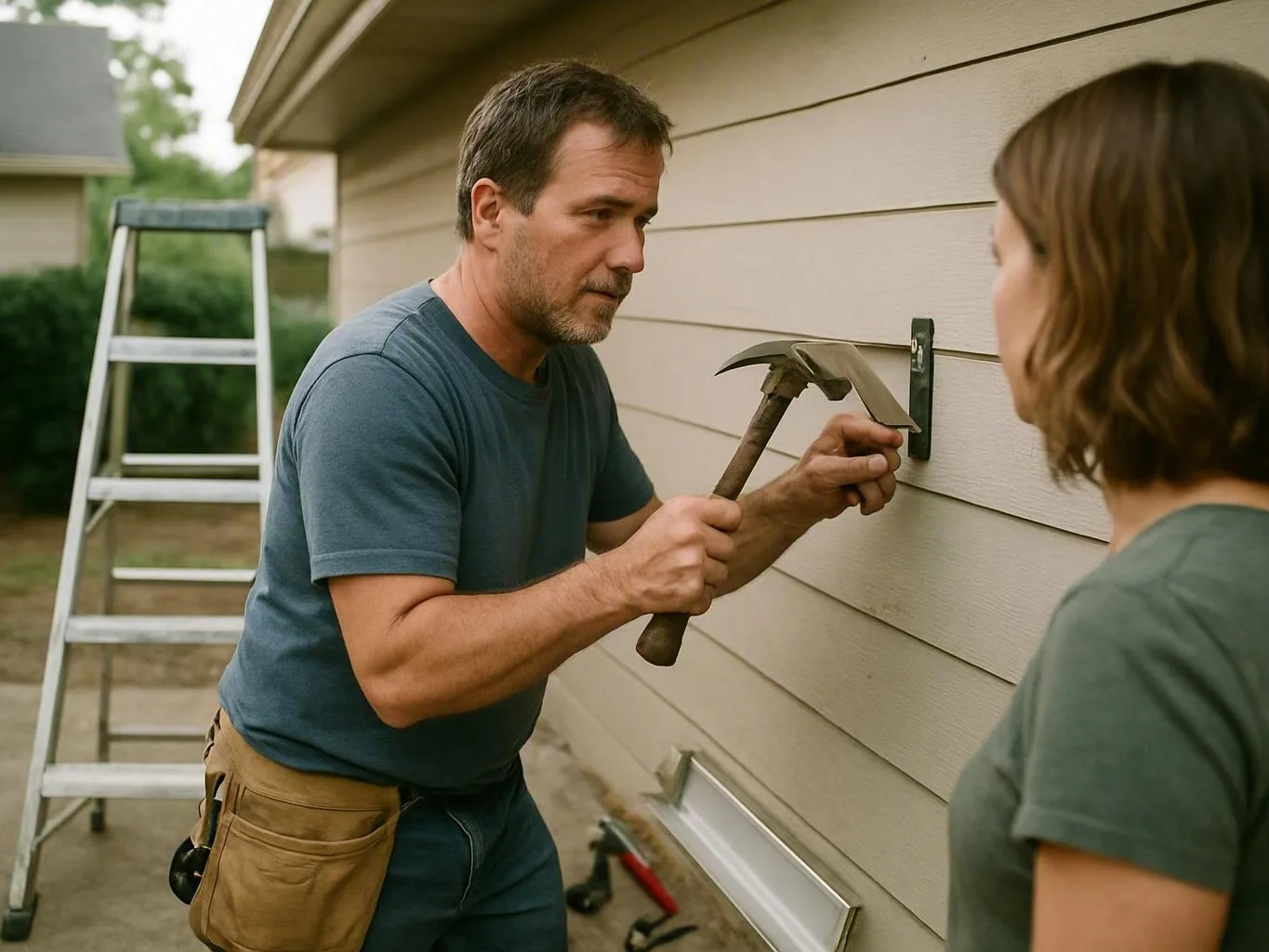 A man uses a hammer near house siding while a woman watches, with a ladder and tools nearby