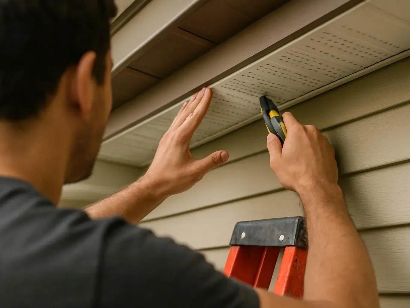 A man uses a utility knife near an outdoor vent while standing on a ladder beside house siding
