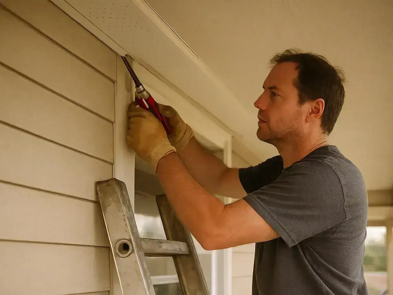 A man wearing gloves uses pliers to work on the trim above a house porch ladder