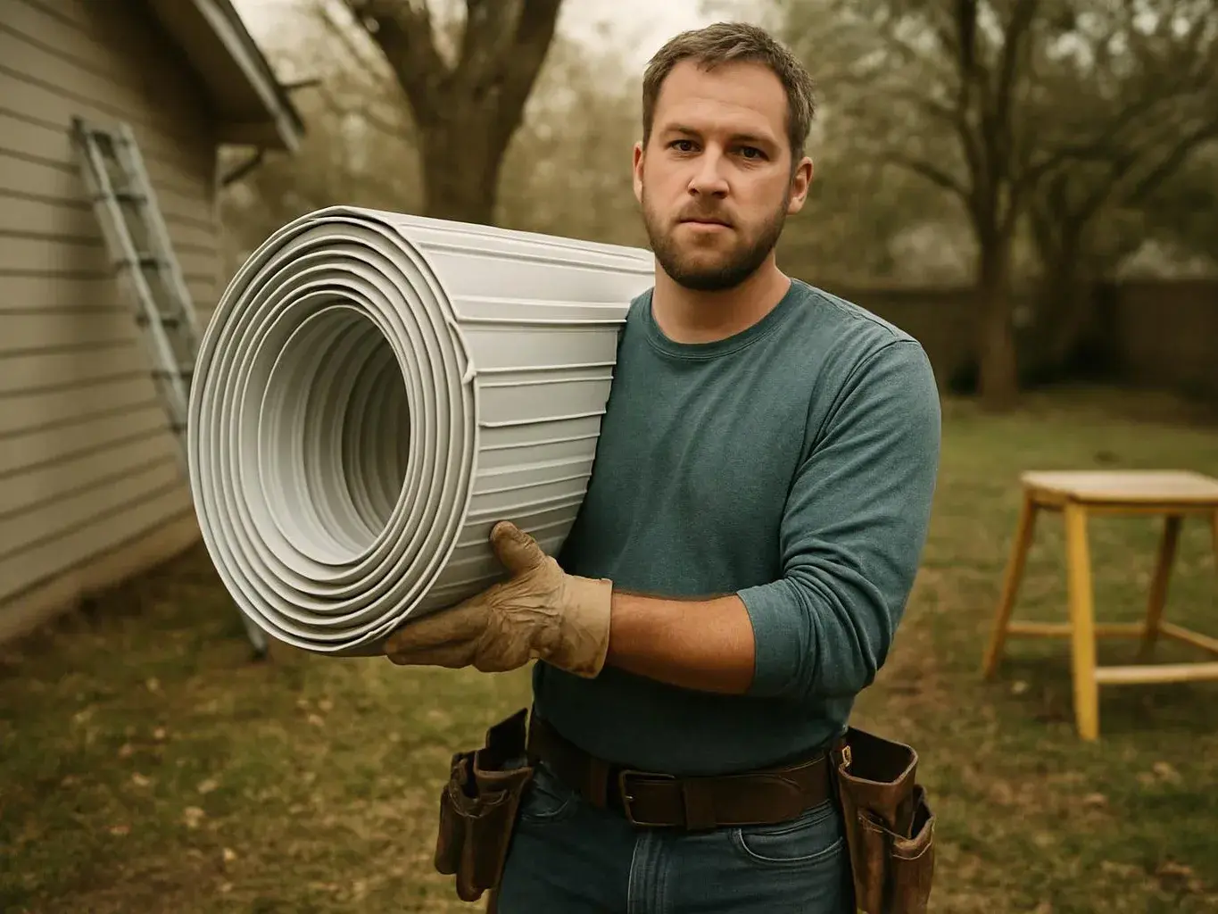 A man in work gloves carries a large rolled white sheet outside beside a house and ladder
