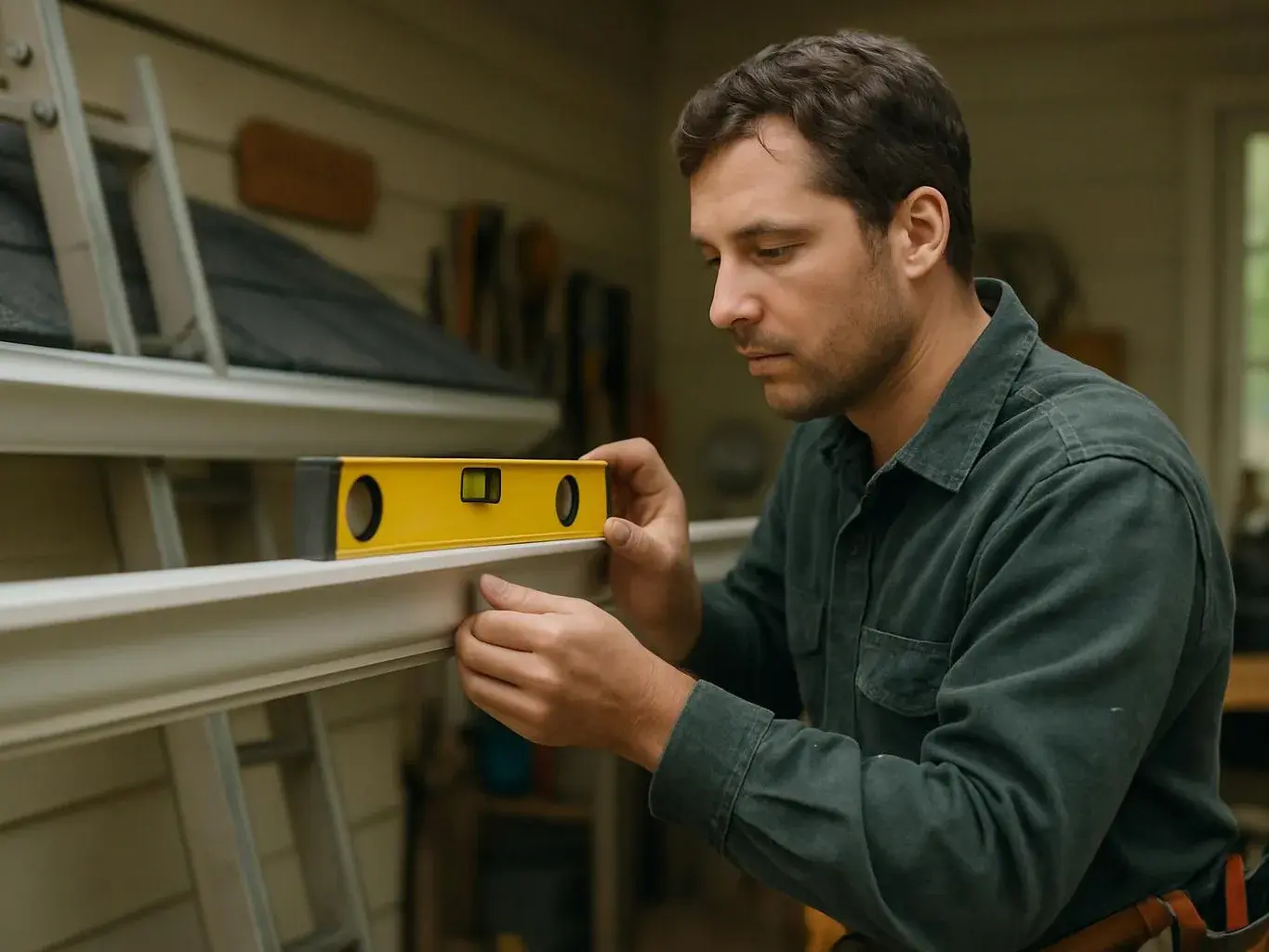A man in a workshop checks a yellow level on a white frame with focused hands