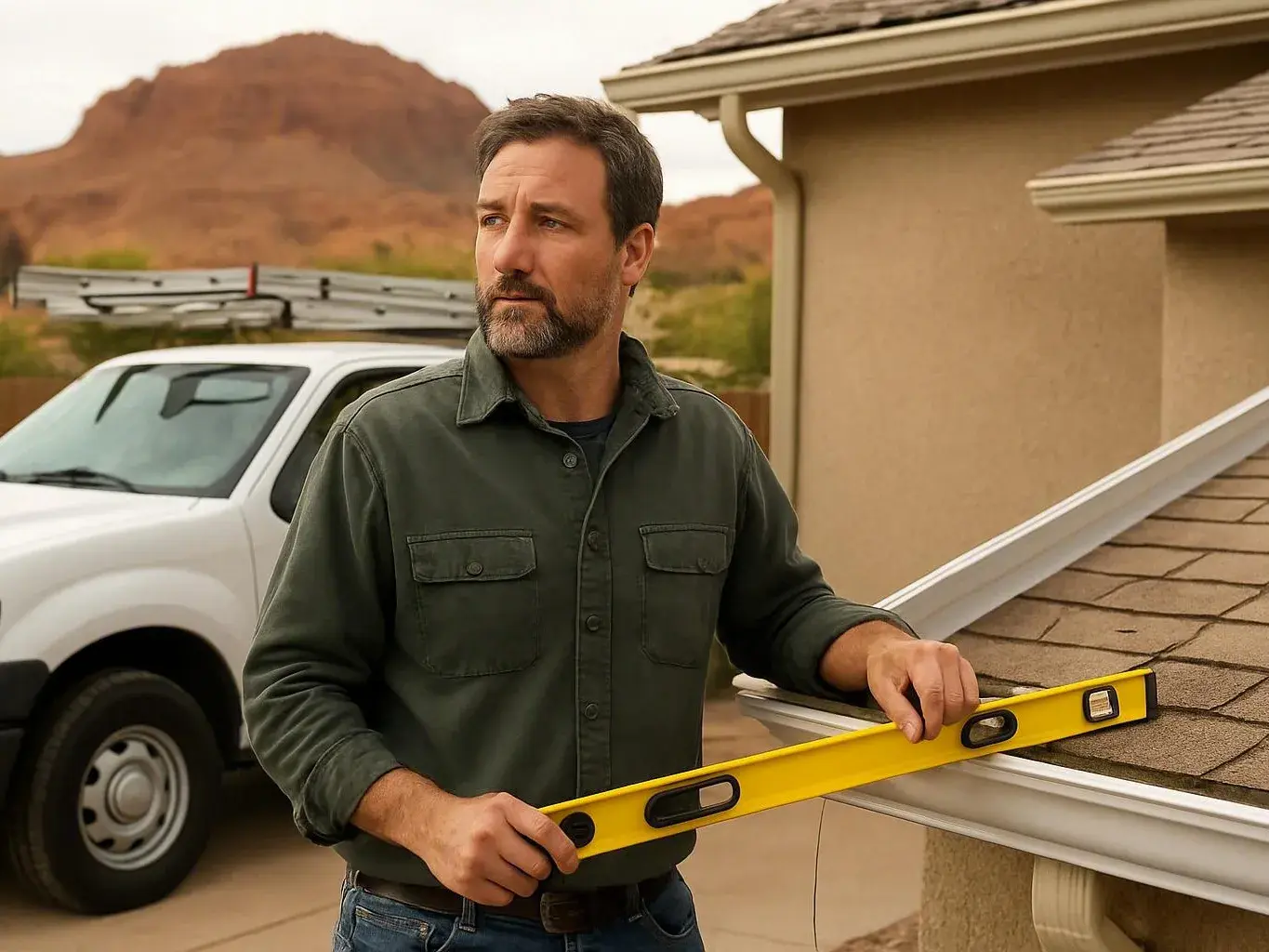 A man in a yard holds a yellow level beside a roof edge, with a white pickup and desert hills behind him