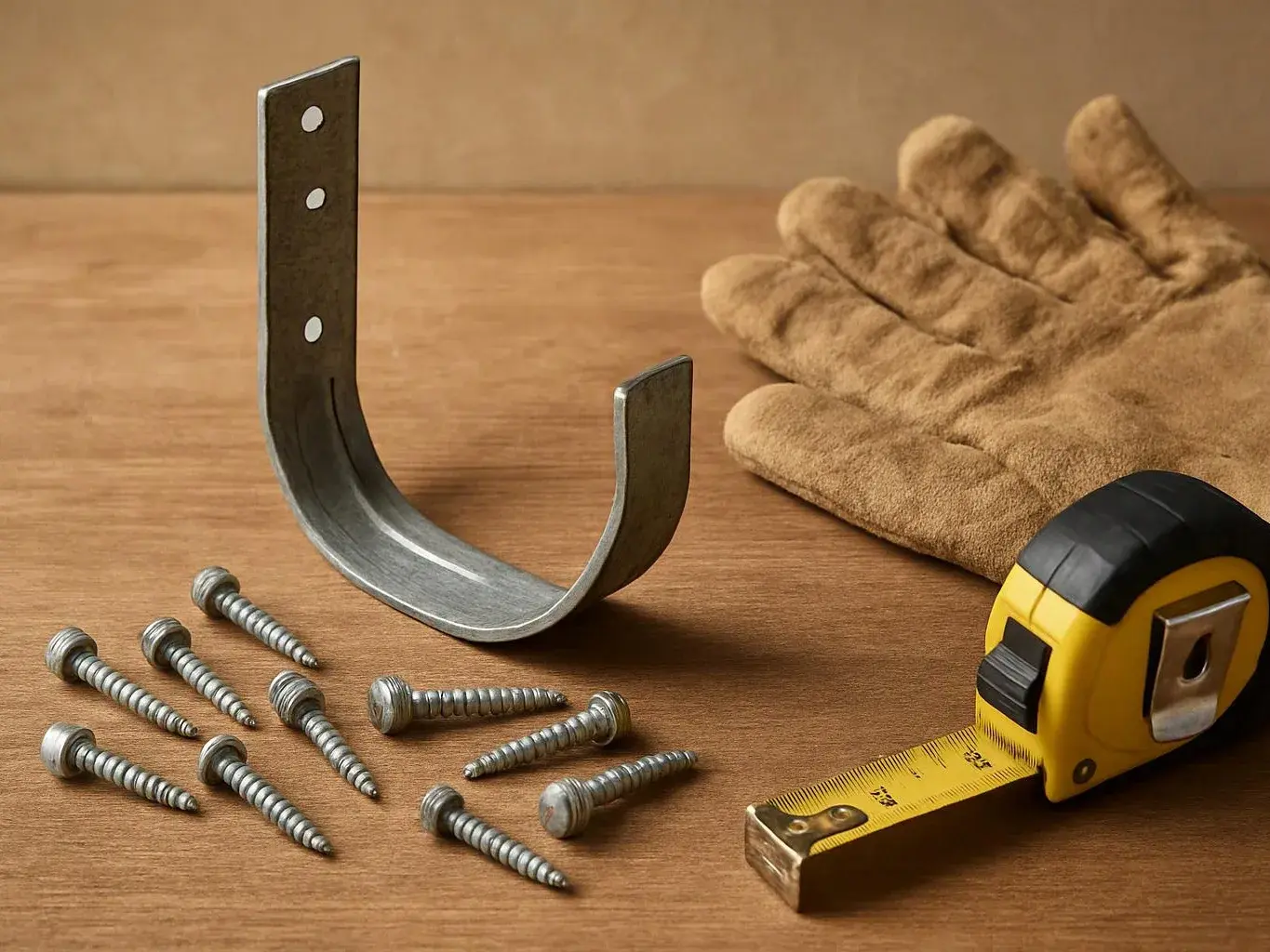 A metal bracket, screws, work gloves, and a tape measure rest on a wooden surface