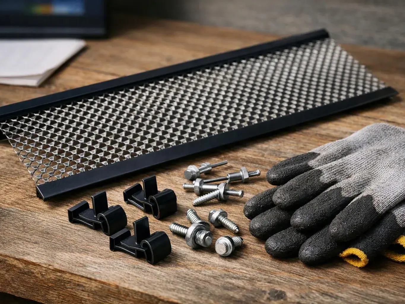 A metal mesh panel, screws, black brackets, and work gloves sit on a wooden table