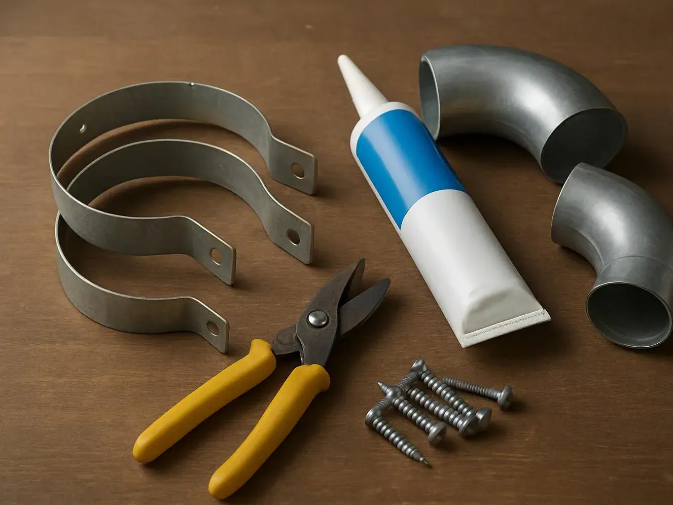 Metal pipe clamps, elbow fittings, screws, snips, and a tube of sealant lie on a wooden surface
