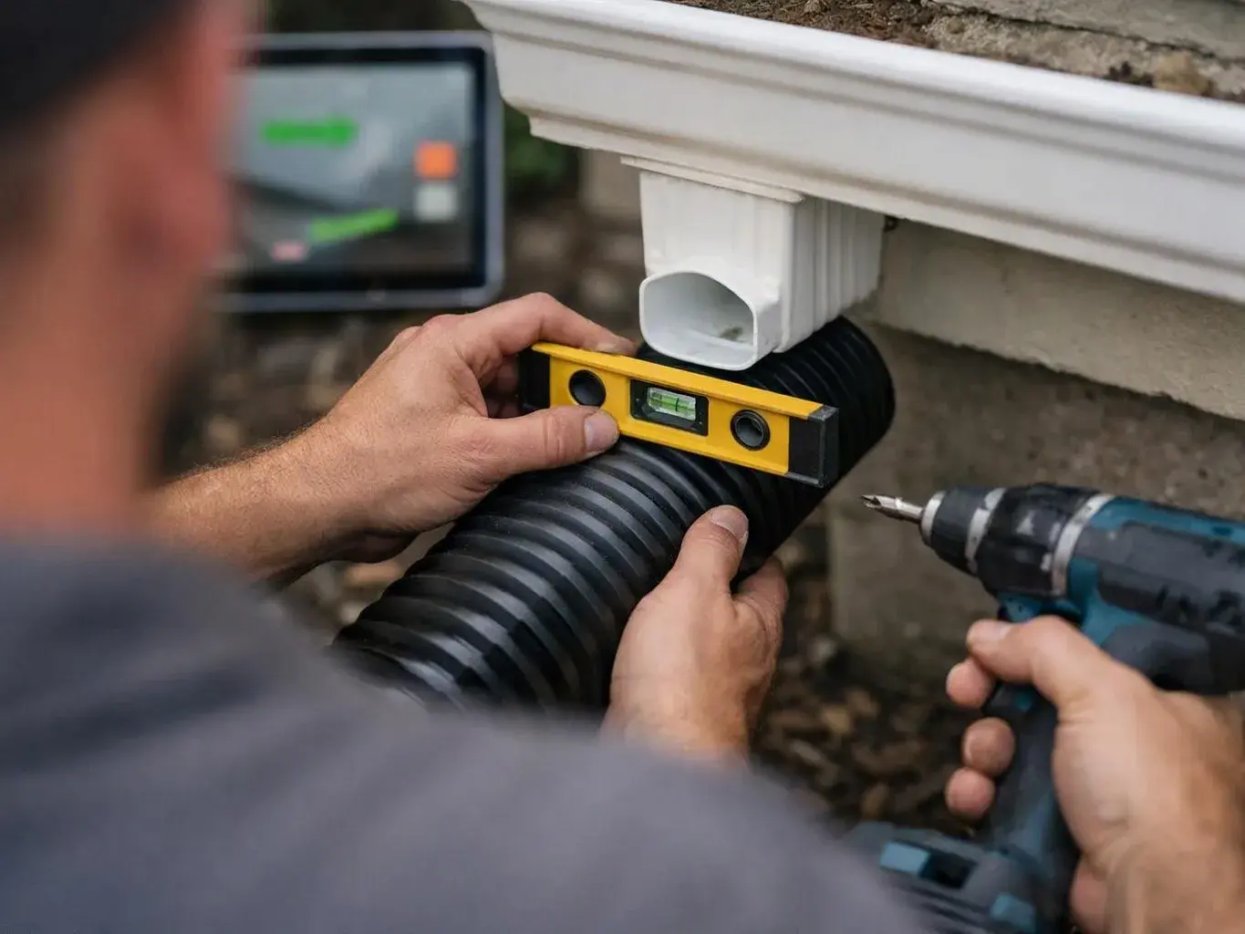 A person aligns a level on a black drain pipe while another holds a drill near a gutter outlet