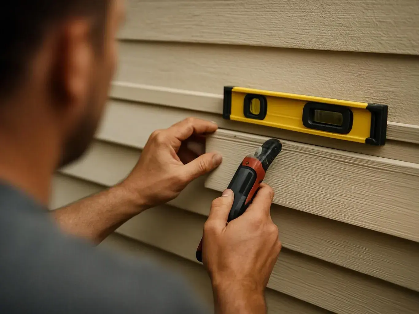 A person aligns a siding board with a level and holds a utility knife against a beige exterior wall