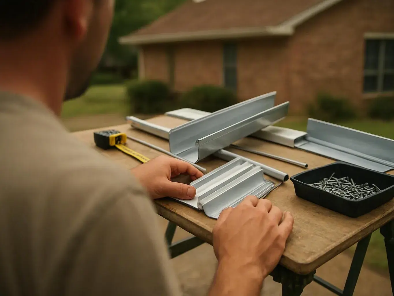 A person assembles metal roof flashing pieces on a small outdoor table with screws and a tape measure near a brick house