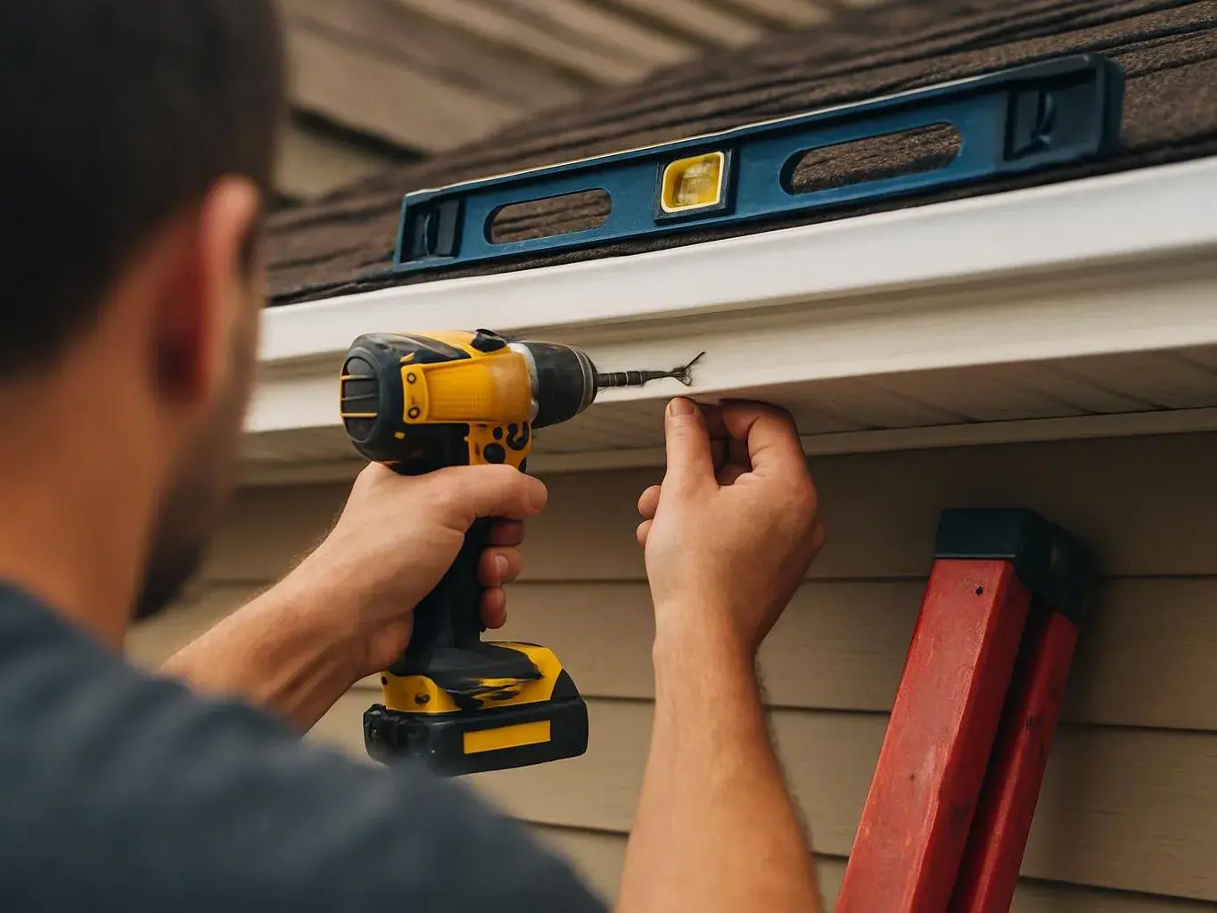 A person drills into white trim under a roof edge while holding the material steady beside a ladder and level