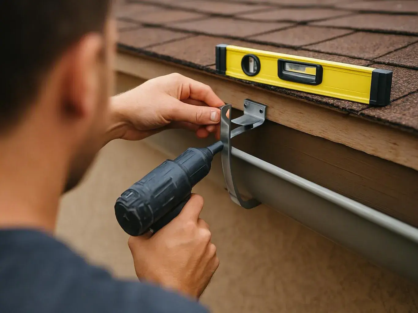 A person drills a metal gutter hanger under a shingled roof while a yellow level rests on top