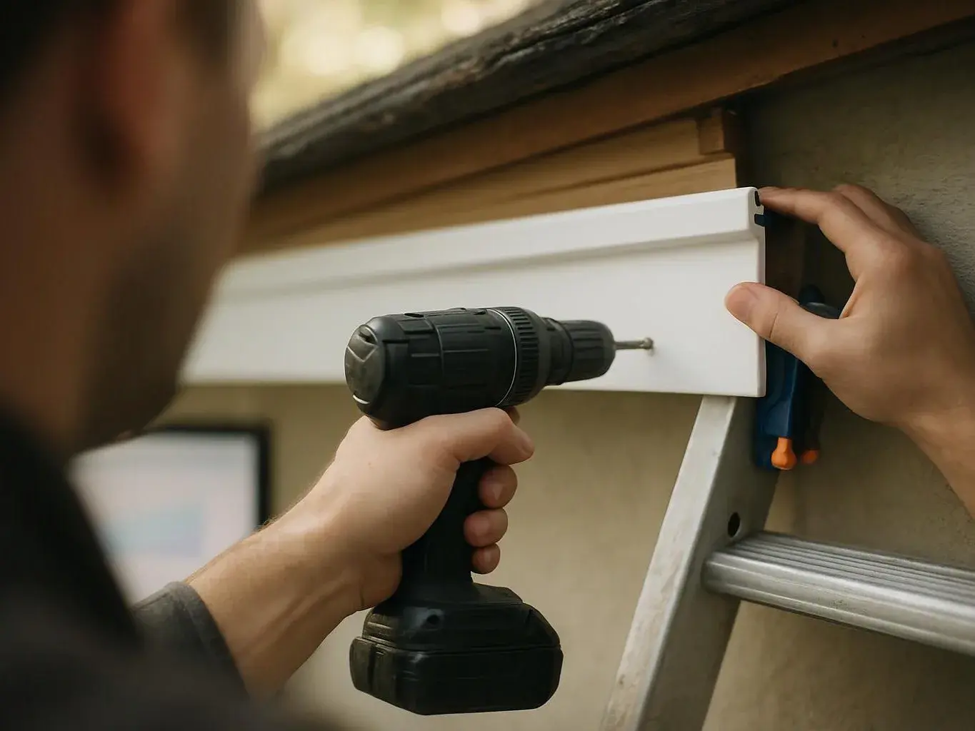 A person drills a white trim board under a roof while holding it in place on a ladder