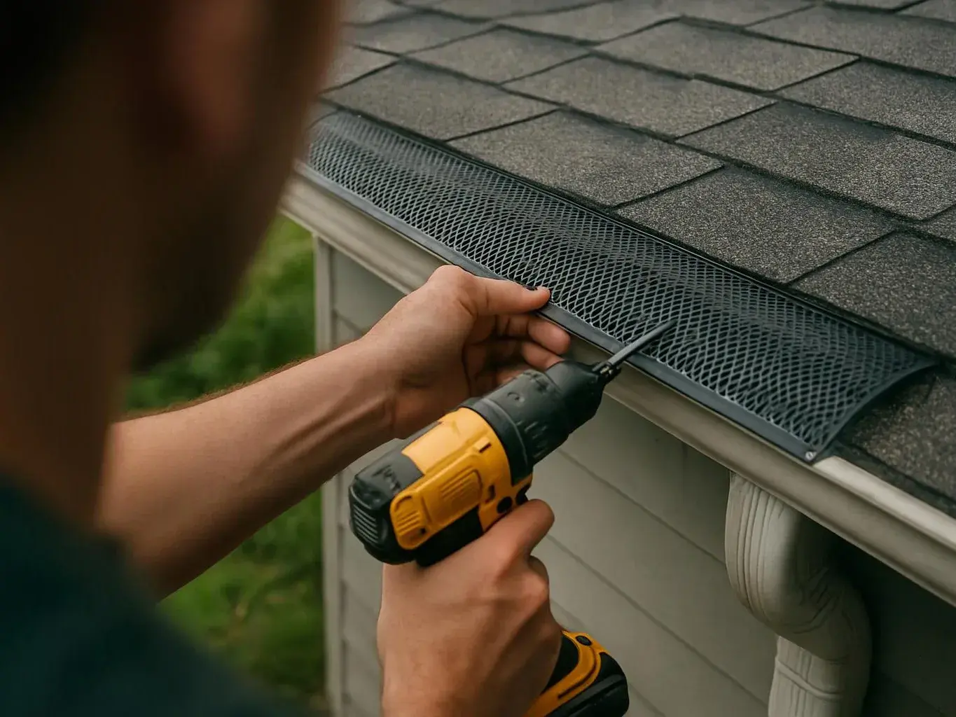 A person installs metal gutter guard on a shingled roof using a yellow drill and screwdriver bit