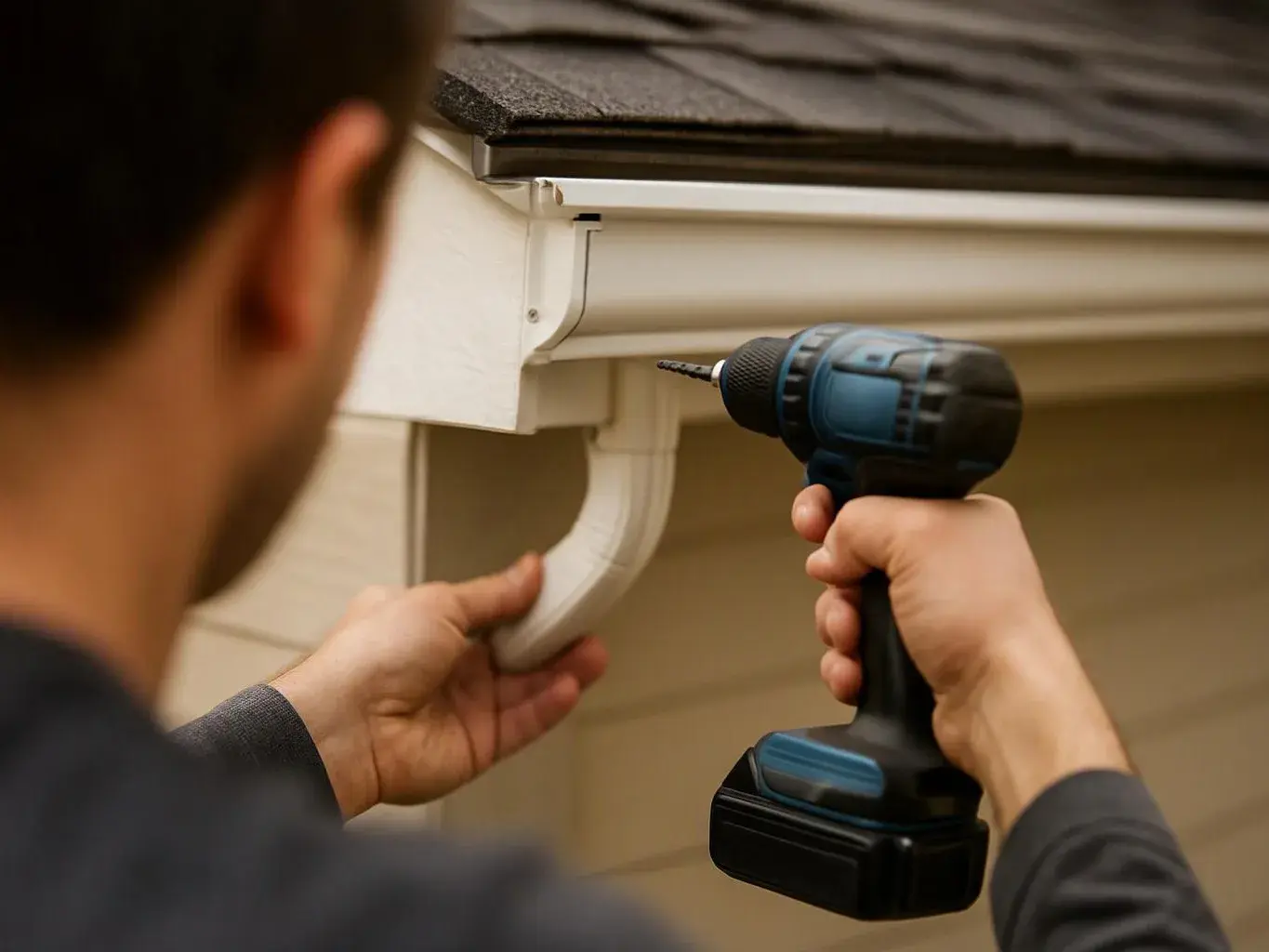 A person installs a white gutter bracket with a cordless drill beside a house roofline