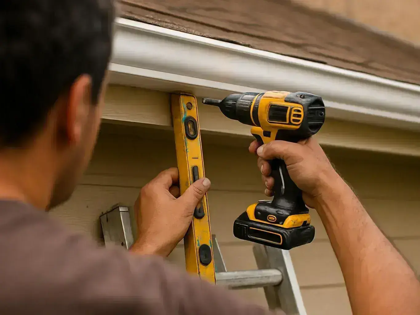 A person measures a roof edge with a level while holding a cordless drill beside the house siding