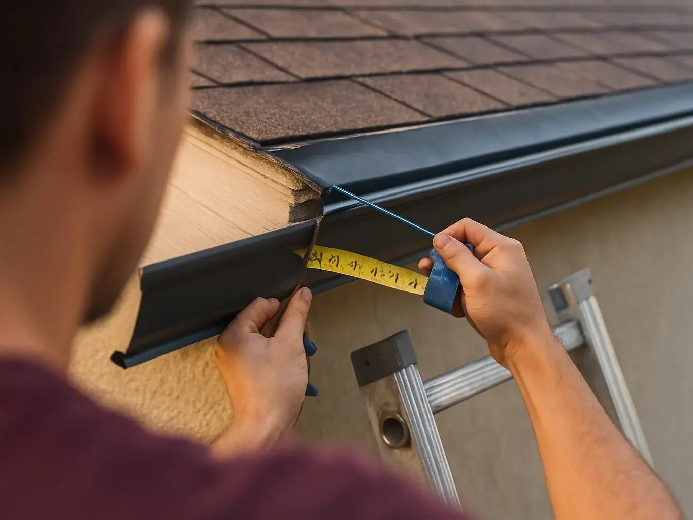 A person measures a roof edge with a tape measure while standing on a ladder