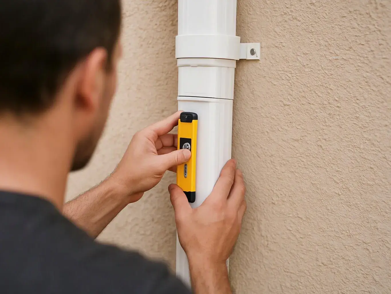 A person measures a white downspout with a yellow tool against a beige stucco wall