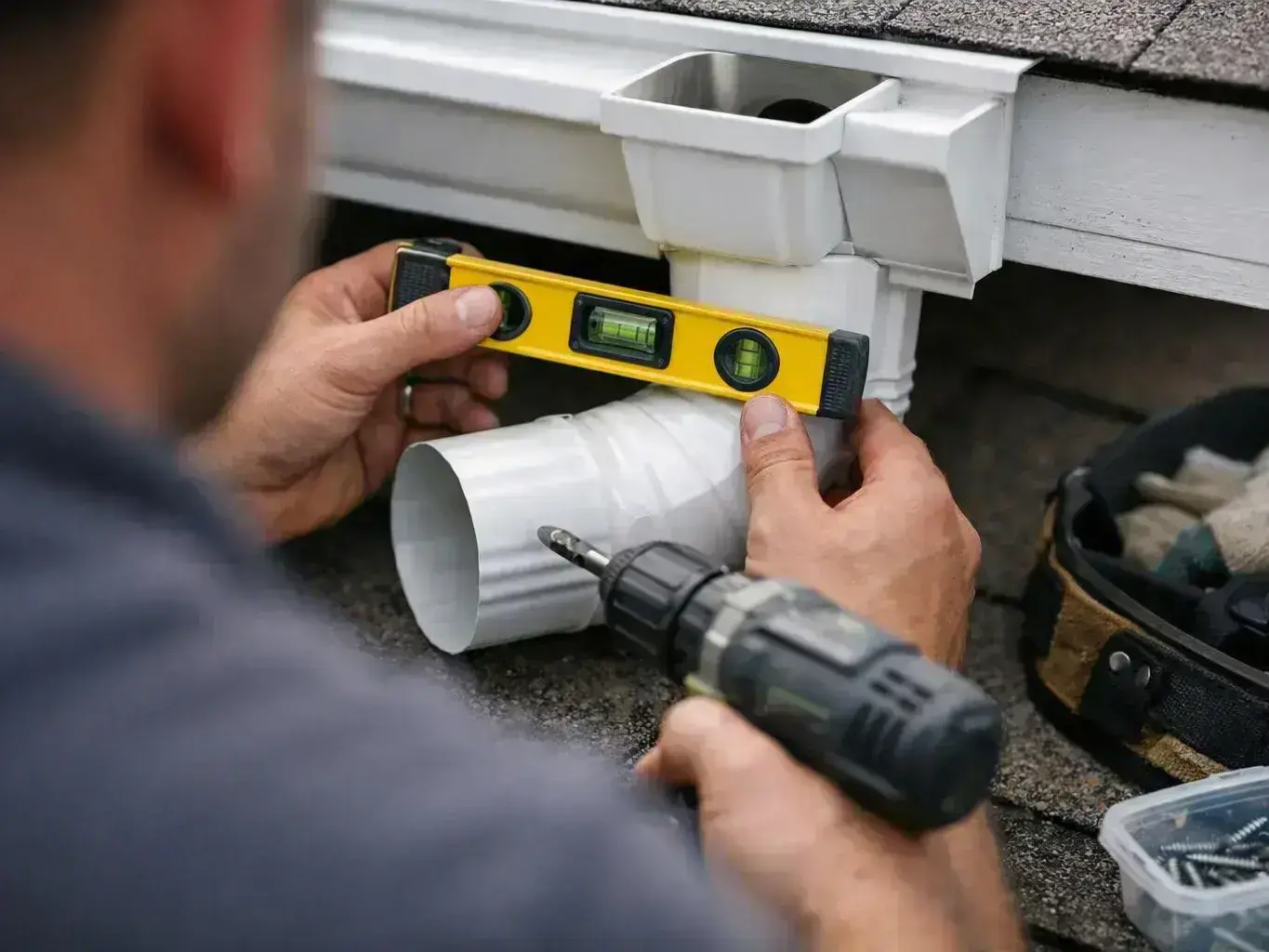 A person measures a white gutter pipe with a yellow level while holding a drill on a rooftop