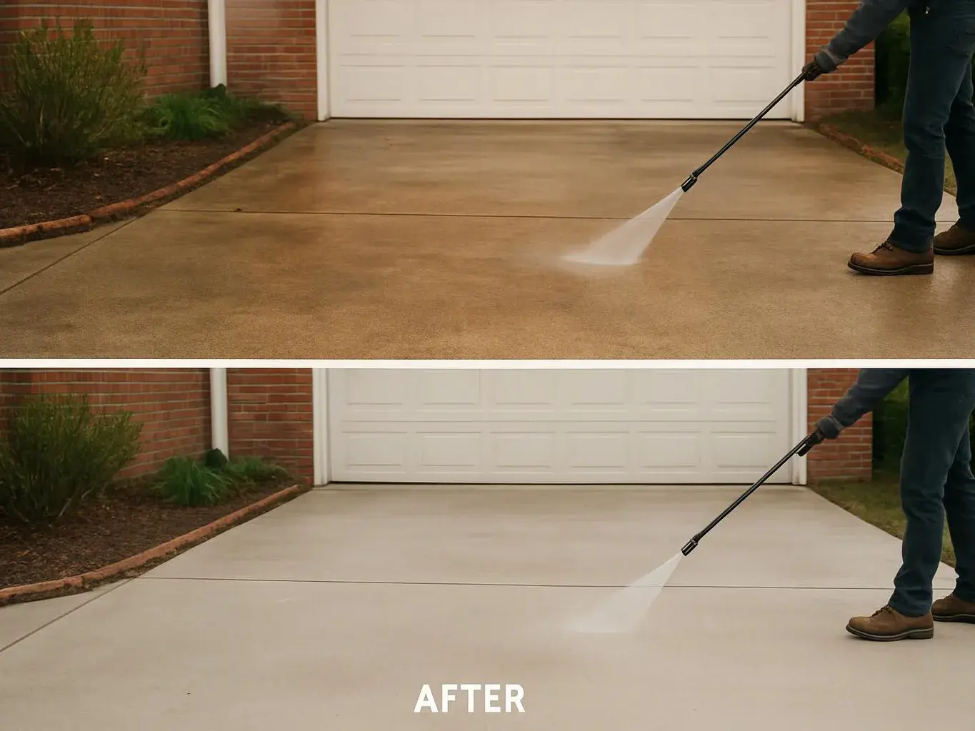 A person pressure washes a driveway beside a brick house, with a cleaner after view shown below