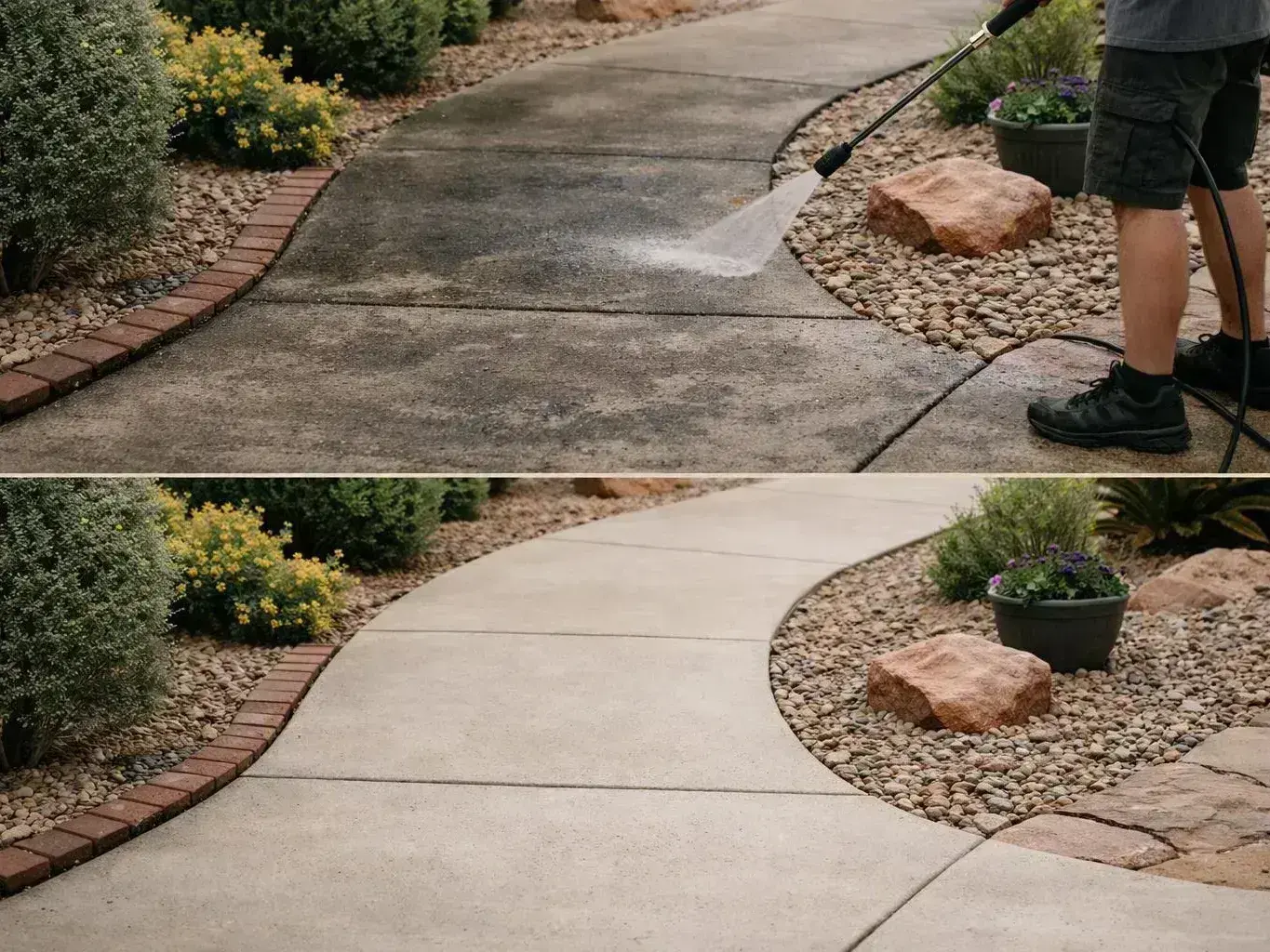 A person sprays a dirty concrete walkway, and the lower half shows the cleaned path in a landscaped yard