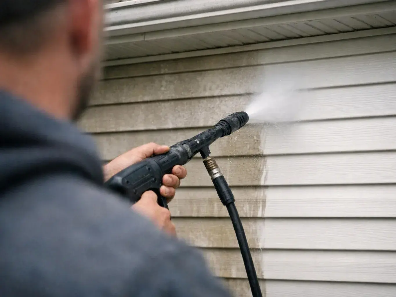 A person sprays water from a pressure washer onto dirty house siding outdoors