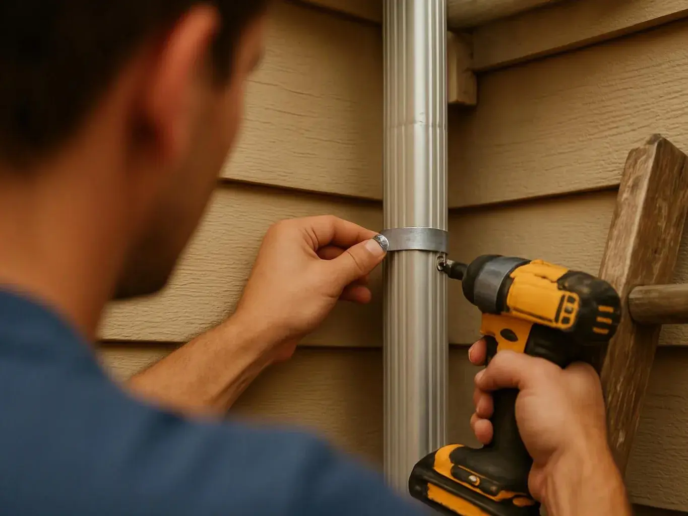 A person tightens a metal clamp around a vertical pipe with a yellow power drill outdoors