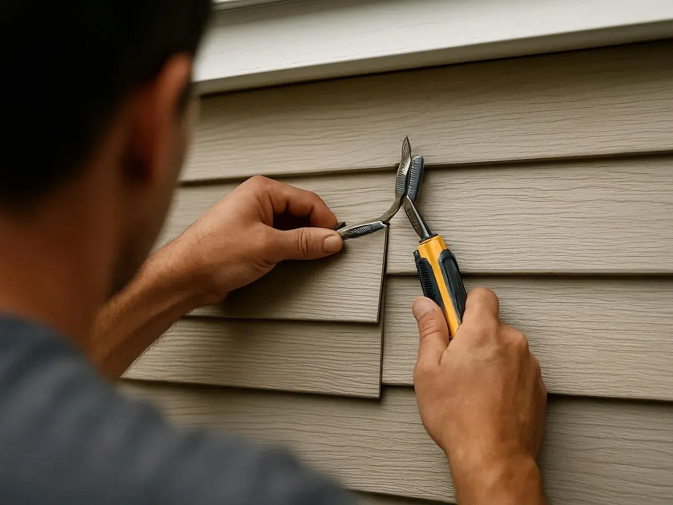 A person uses pliers and a utility knife to pry loose siding on a house exterior
