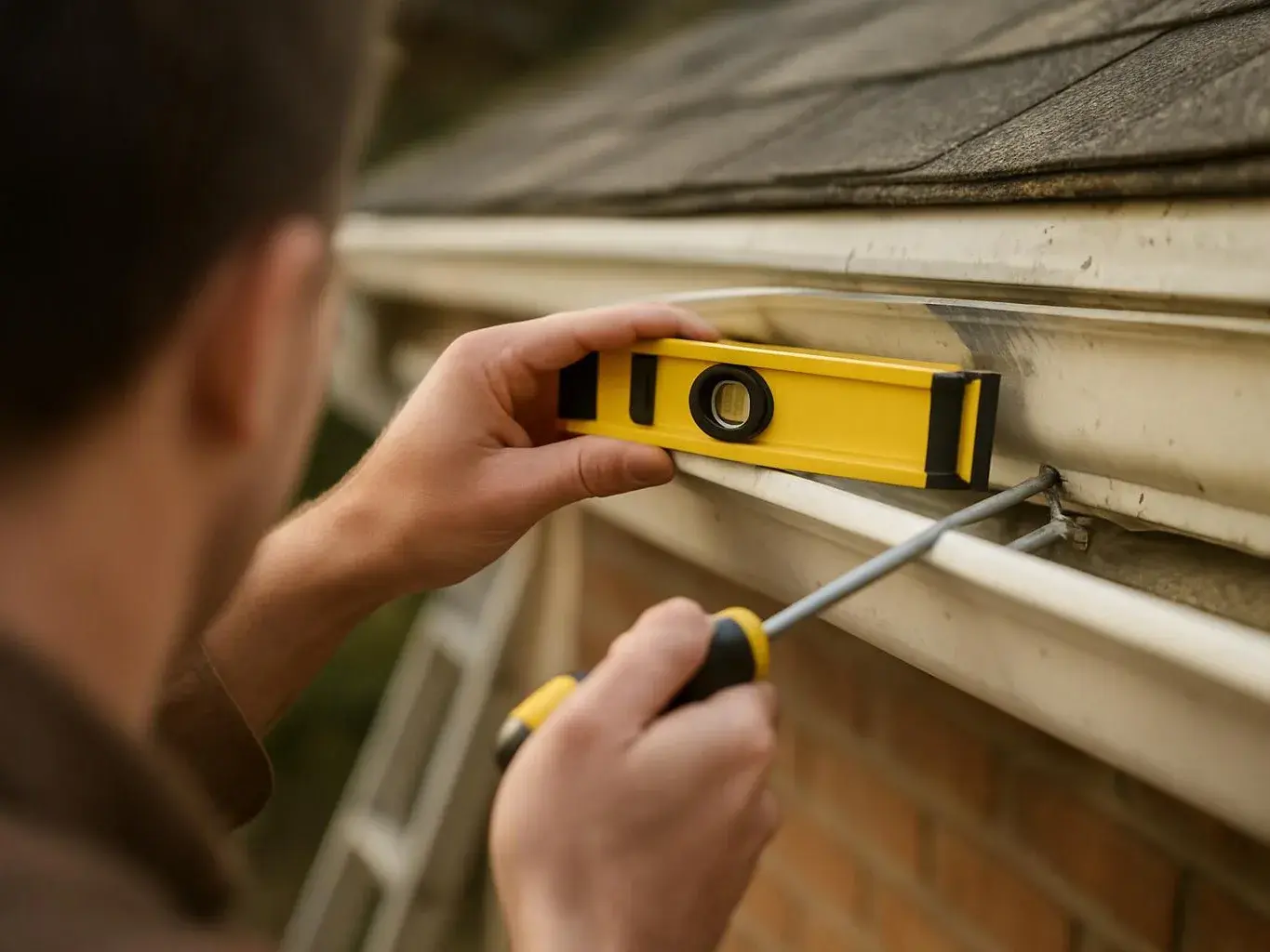 A person uses a yellow level and screwdriver to adjust a house gutter near the roof edge