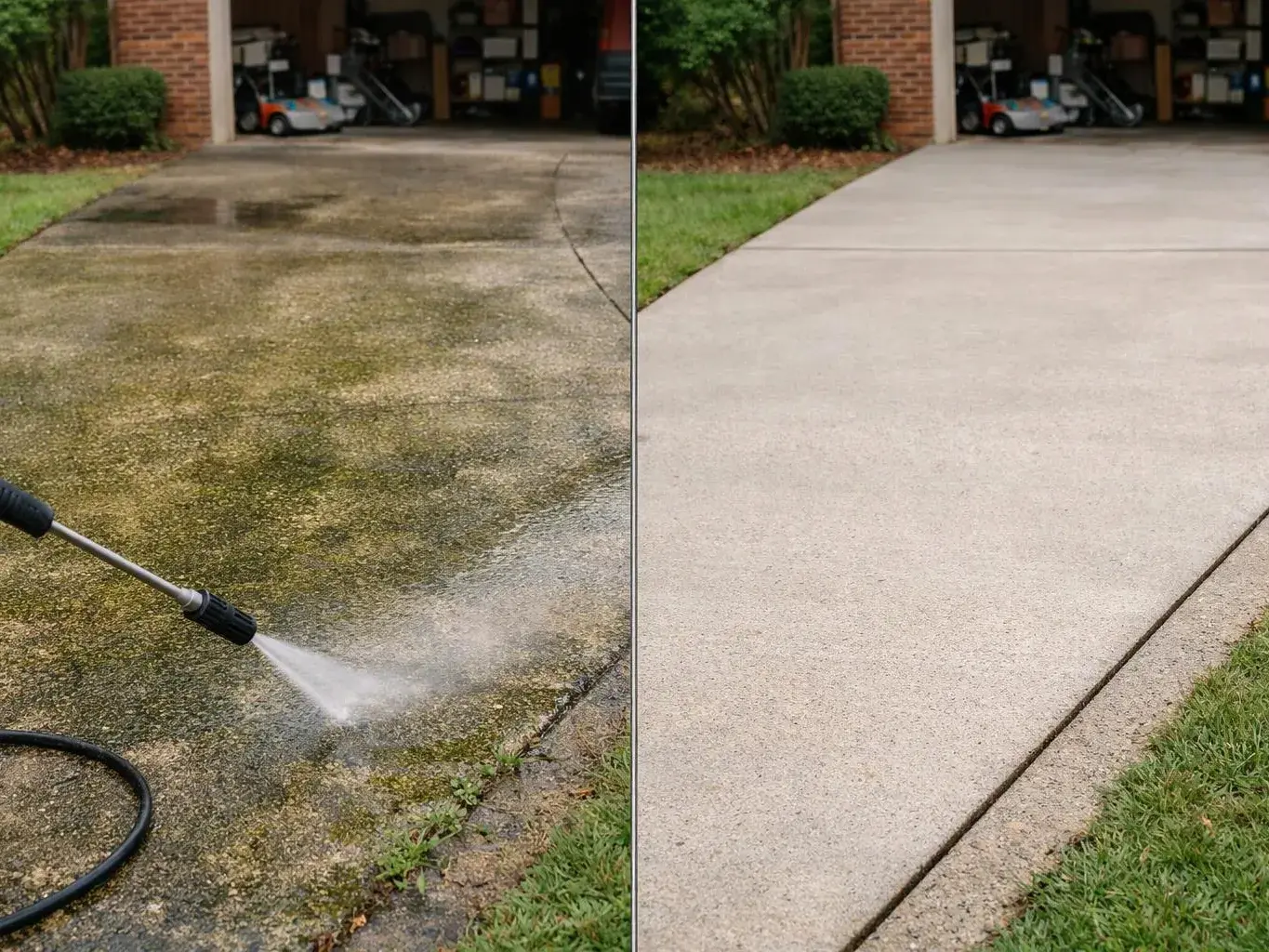 A pressure washer cleans a stained driveway, showing dirty concrete on the left and bright clean concrete on the right