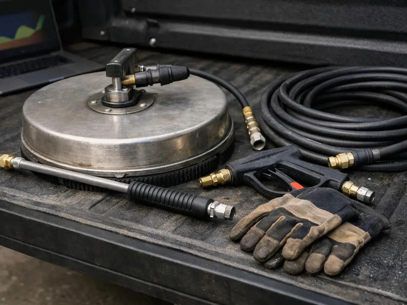 A pressure washing surface cleaner, hoses, spray nozzles, and work gloves sit on a truck bed in a workshop setting