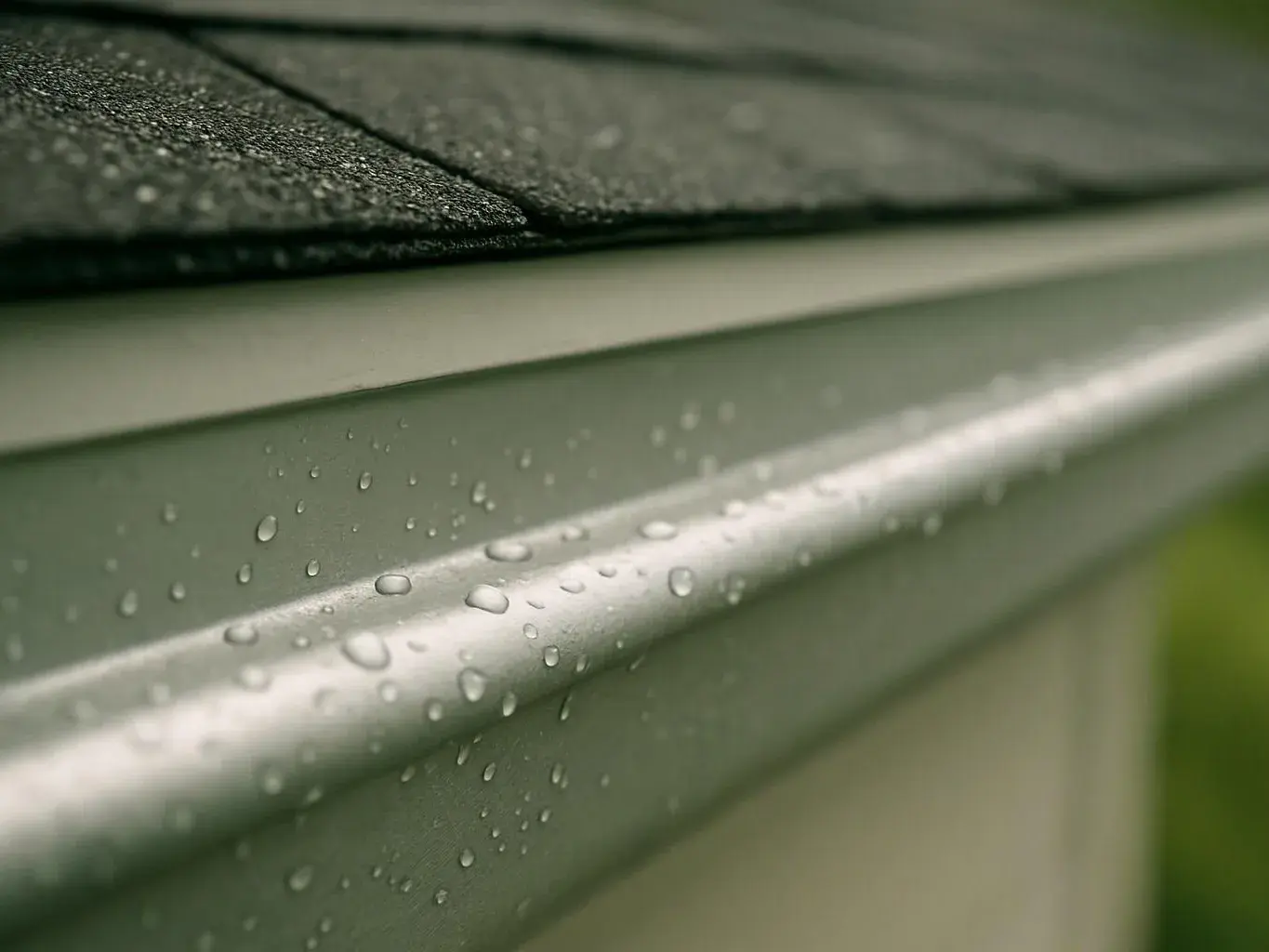 Raindrops cling to a metal gutter beneath dark roof shingles on a house exterior