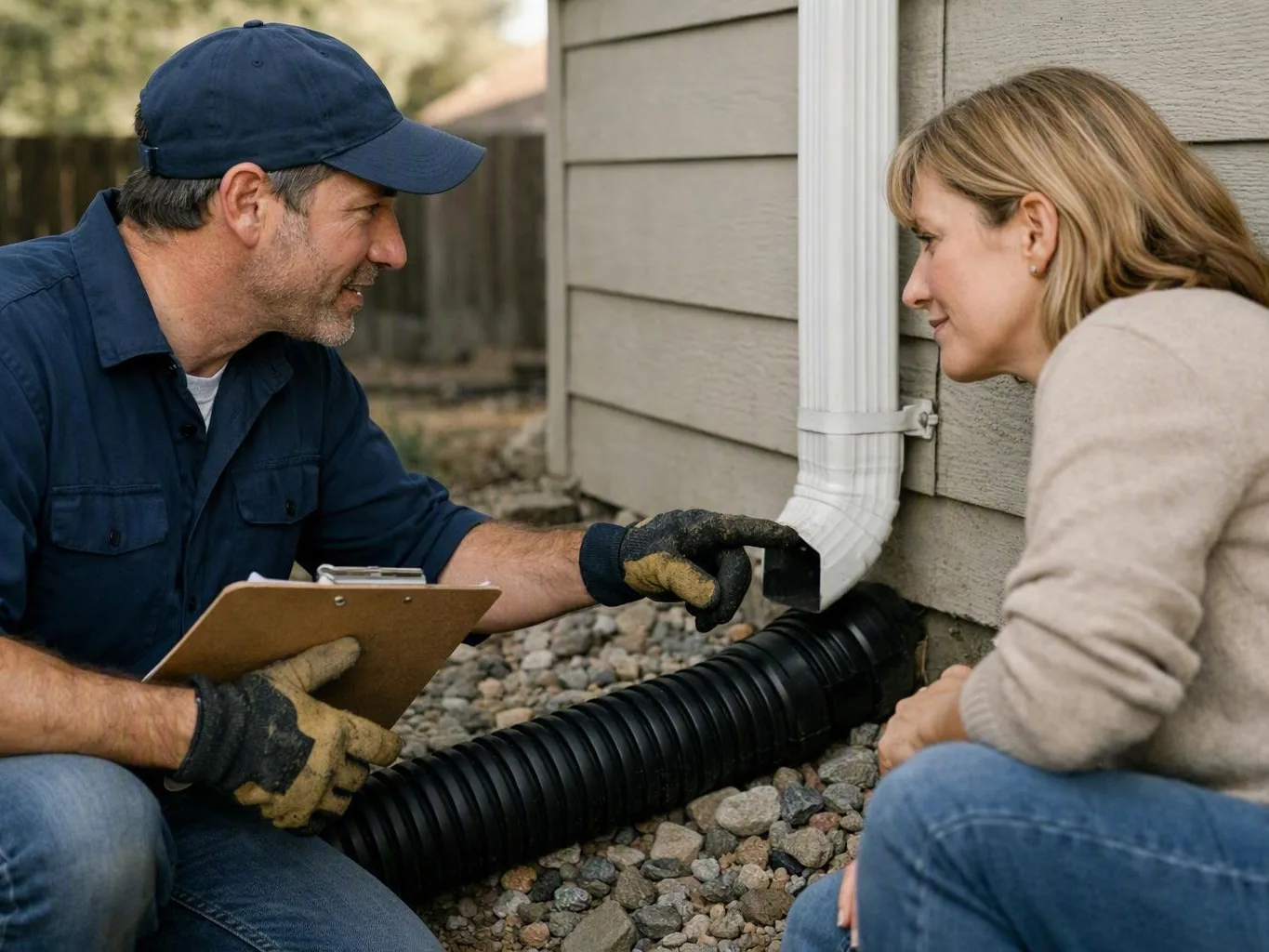 A handyman and a woman inspect a gutter downspout and drainage pipe beside a house