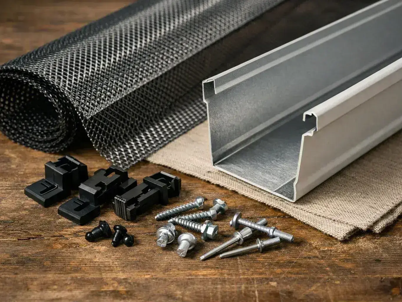 A rolled black mesh screen, aluminum channel, plastic clips, and screws sit on a wooden surface