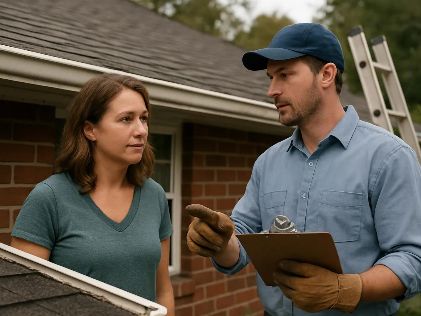 A worker points at a clipboard while talking to a woman beside a brick house and roofline