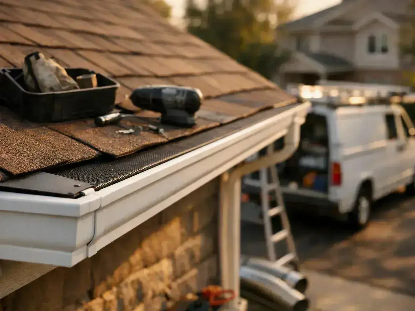 Roofing tools sit on a shingled roof beside a gutter, with a ladder and work van below