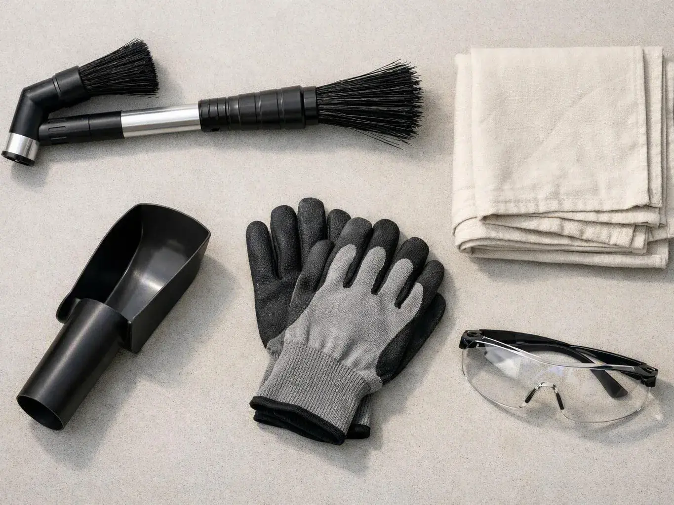 A set of cleaning tools lies on a light surface, including brushes, folded cloths, gloves, a dustpan, and safety glasses
