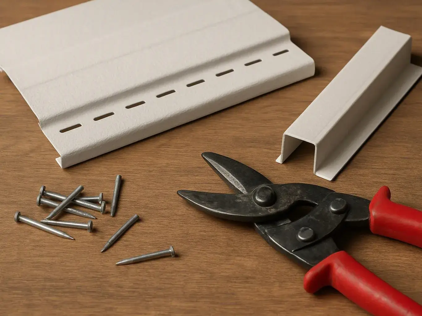Sheet metal pieces, nails, and red-handled tin snips lie on a wooden workbench